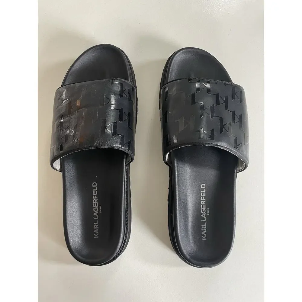 EUC Karl Lagerfeld Men Size 13 M Paris Monogram Slide Open Toe Sandals Black